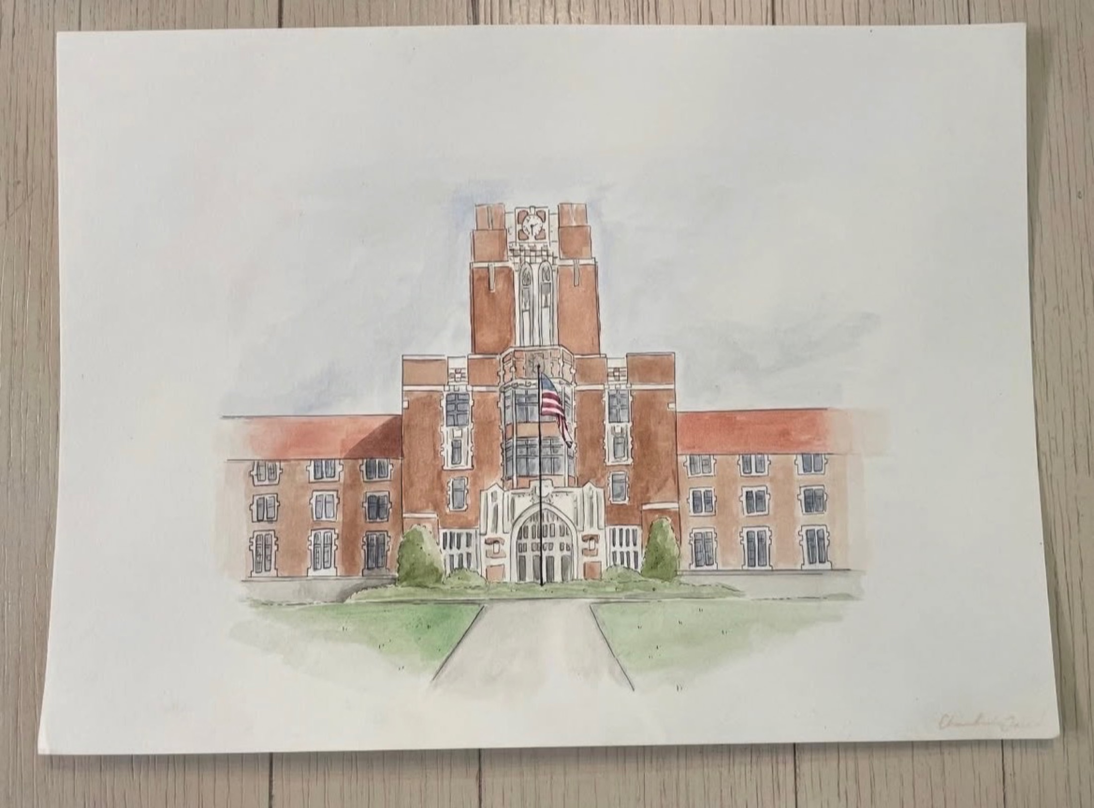 Watercolor architectural portrait of a collegiate brick building