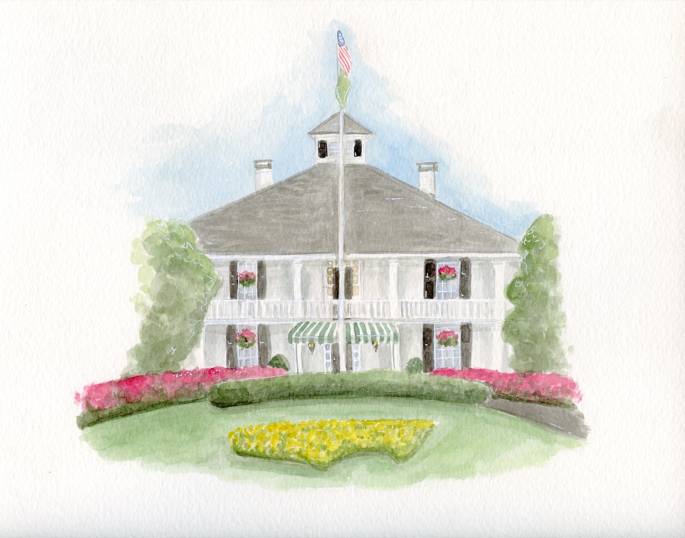 Watercolor portrait of a classic clubhouse with green awnings and pink flowers