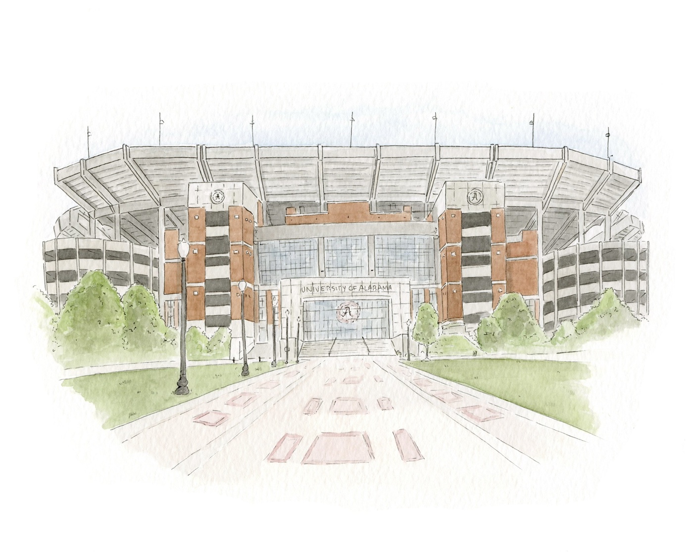 Watercolor illustration of the University of Alabama stadium entrance