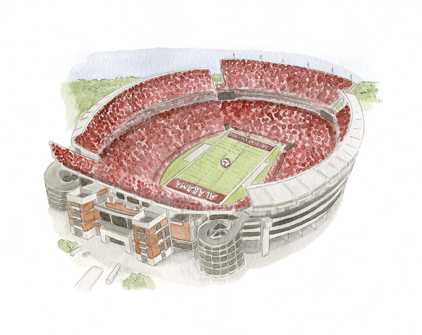 Watercolor illustration of Alabama's Bryant-Denny Stadium