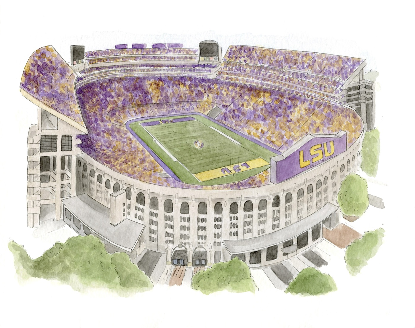 Watercolor illustration of LSU Tiger Stadium in purple and gold