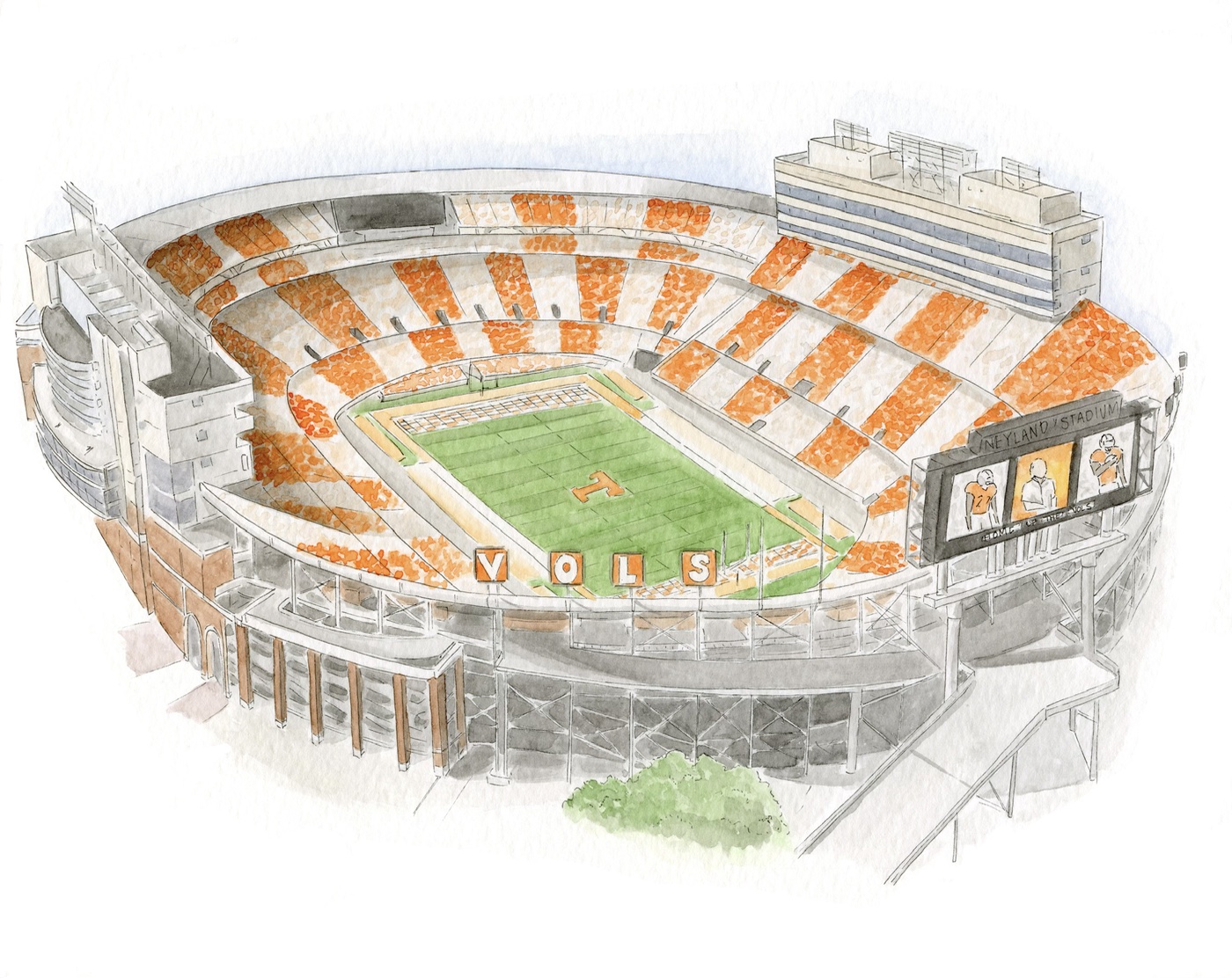 Watercolor illustration looking into Neyland Stadium in Tennessee orange