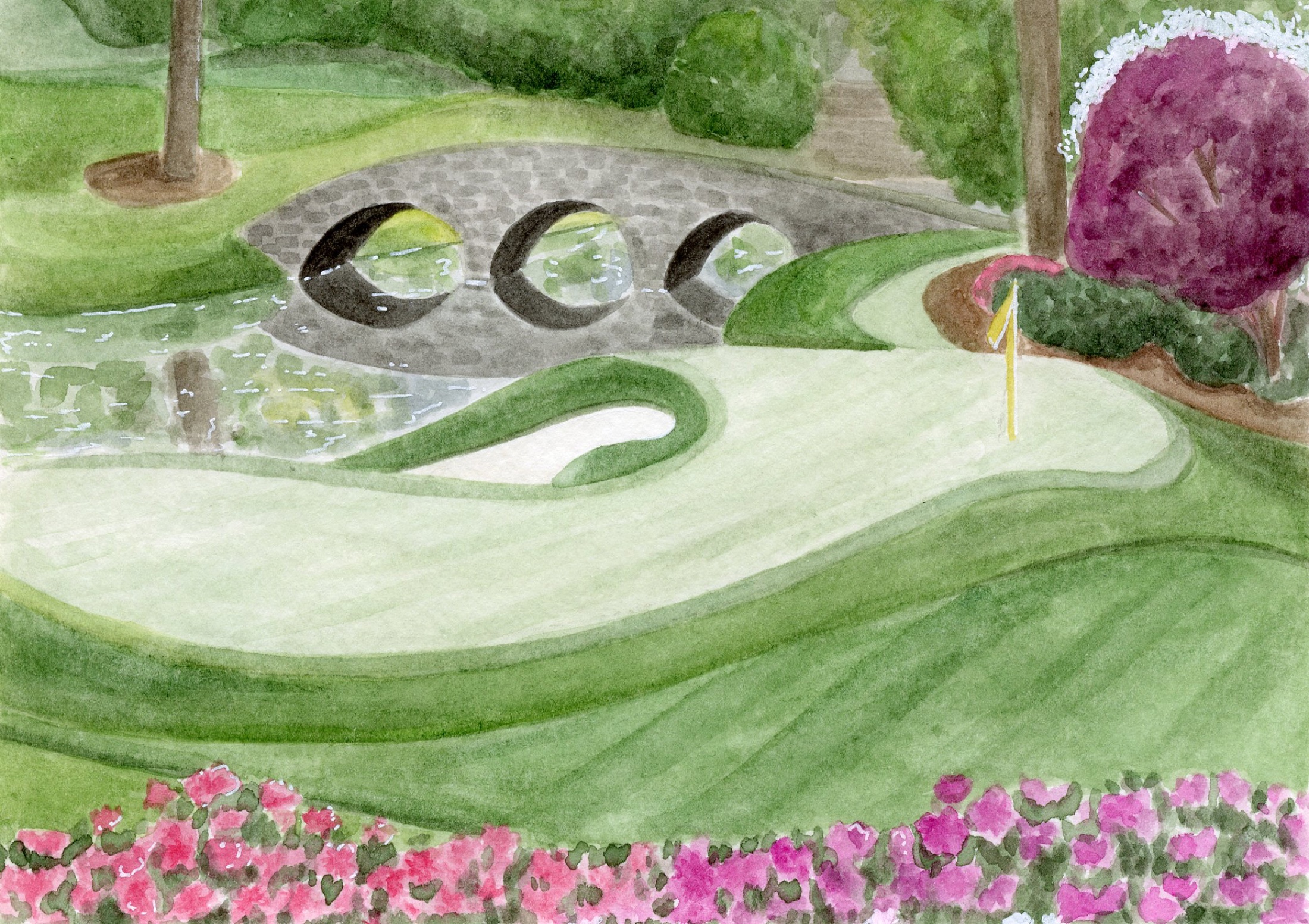 Watercolor painting of a golf green, stone bridge, and bright garden flowers