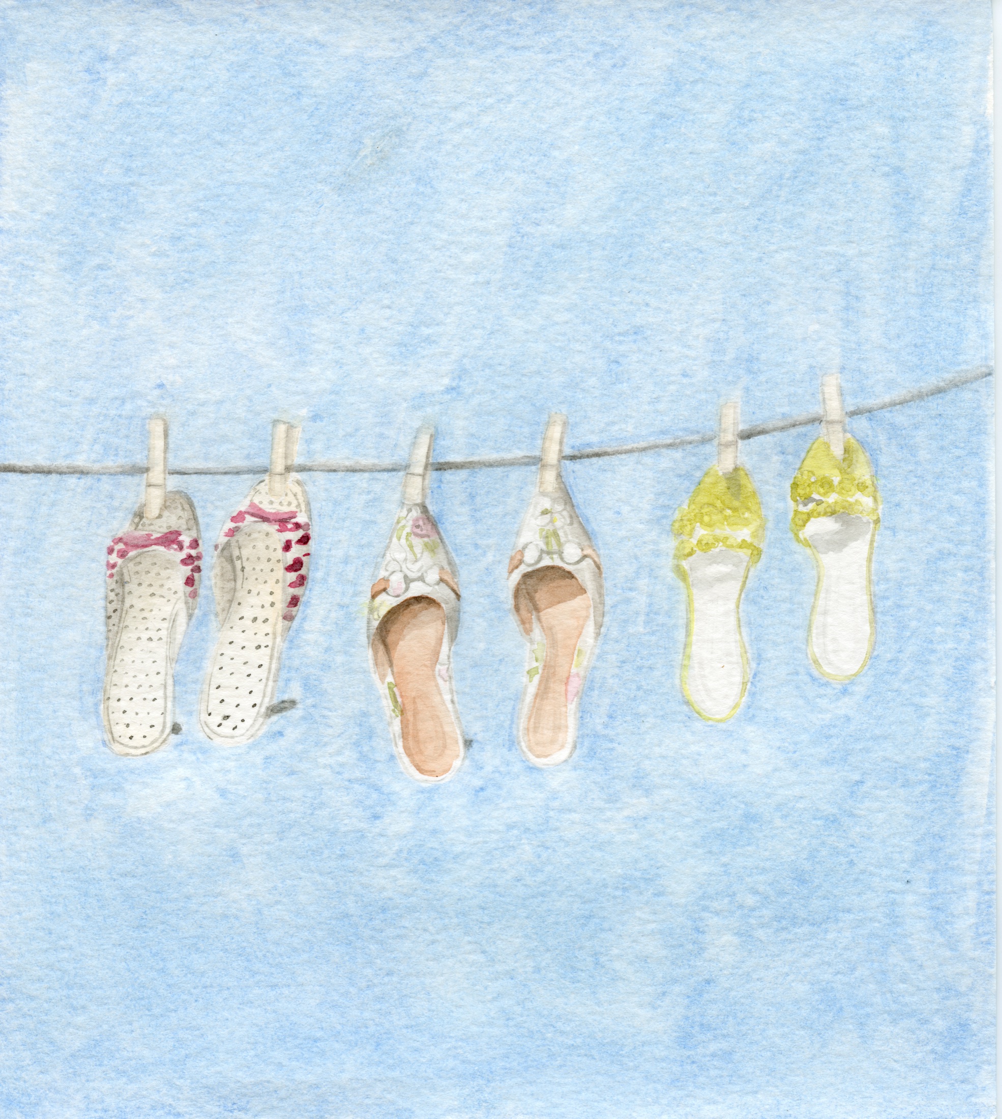 Watercolor illustration of colorful shoes clipped to a line against a blue sky