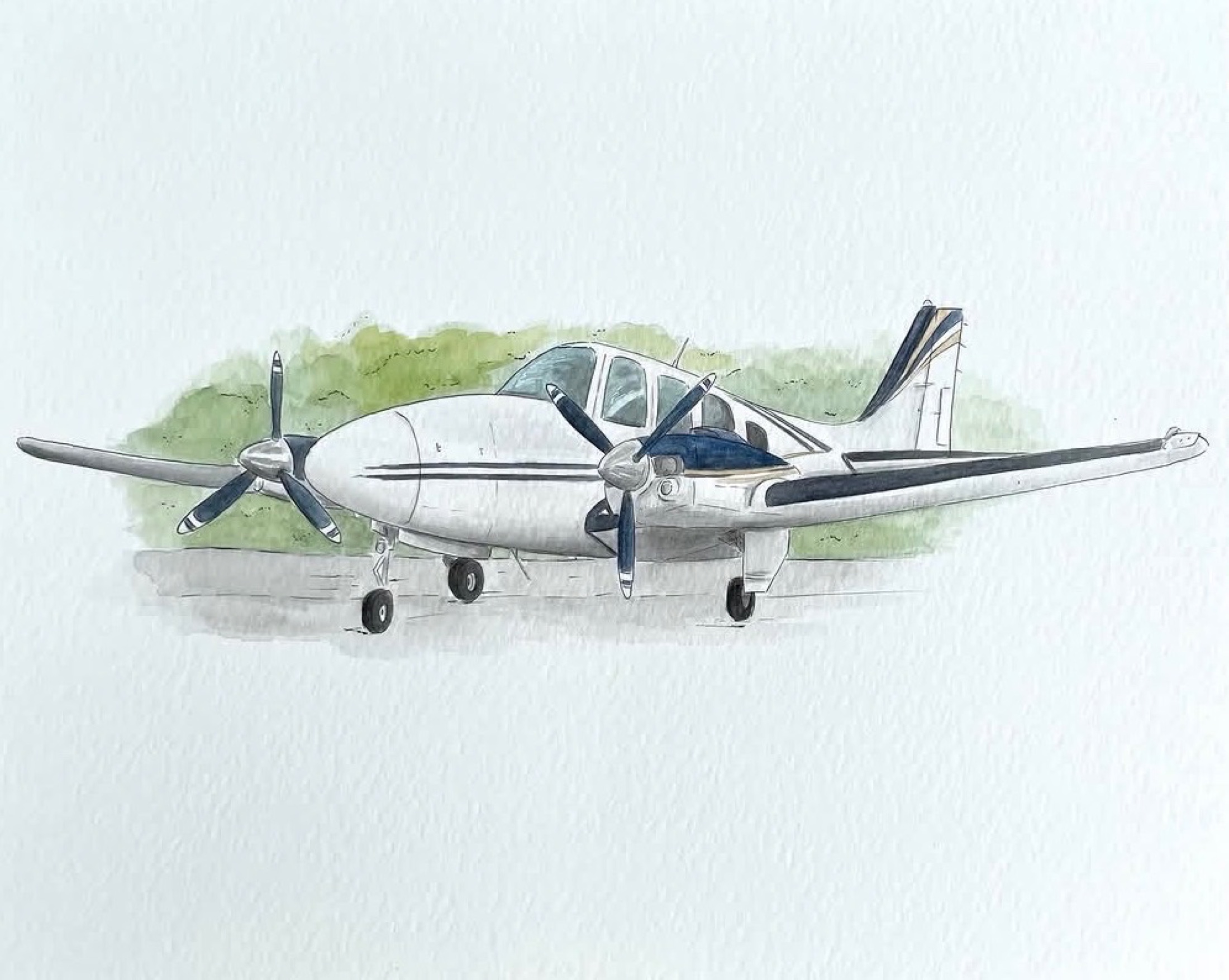 Watercolor and ink illustration of a twin-engine airplane